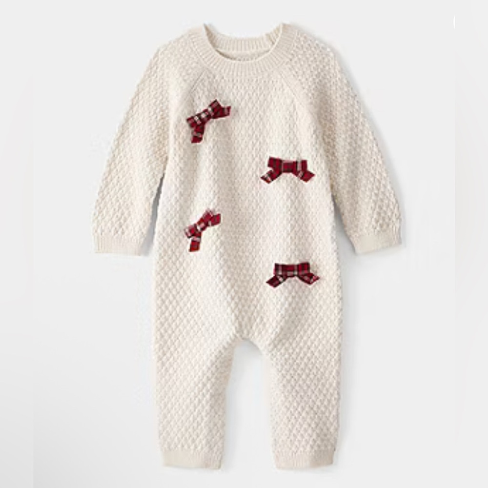 Carter's Cream Knit One-Piece with Red Plaid Bows